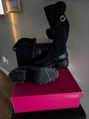 Shoe Dazzle Black Mid-Calf Combat Boots with Lug Sole